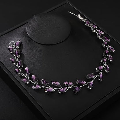 Teyglen Bride Wedding Crystal Hair Vine Full Purple Crystal Headband Bridal Hair Accessories Wedding Headpiece Handmade Rhinestone Hair Piece Headband for Women Girls (Purple) - color: Purple