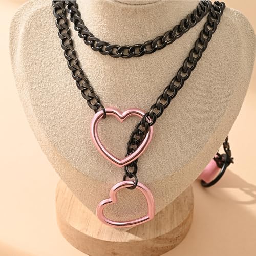 Leather Choker Slip Chain Necklace Stainless Steel Cuban Link Long Necklaces Gothic Punk Heart Chain Necklace Handmade Collars for Women - color: Pink+Black