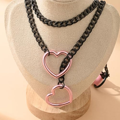 Leather Choker Slip Chain Necklace Stainless Steel Cuban Link Long Necklaces Gothic Punk Heart Chain Necklace Handmade Collars for Women - color: Pink+Black