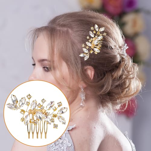 2 Pcs Bridal Hair Comb Gold Hair Piece Accessory Gold Rhinestone Hairs Accessories Golden Hairs Piece Sparkle Metal Crystal Accessories for Bride Bridesmaids Women Girls
