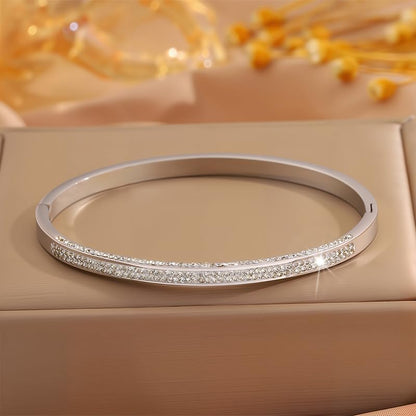 Silver Plated Stainless Steel Bangle Bracelet for Women Triple Row Cuff | Three Row Rhinestone Oval Jewelry with Clear Sparkling Crystals; Secure Adjustable Hinged Clasp Stacking Statement Gift