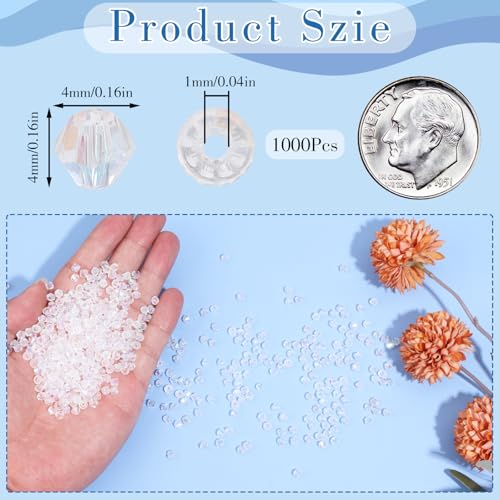 1000Pcs 4mm Faceted Crystal Glass Bicone Beads Loose Bead for DIY Bracelet Necklace Earring Keychain Jewelry Making,Transparent - color: Transparent
