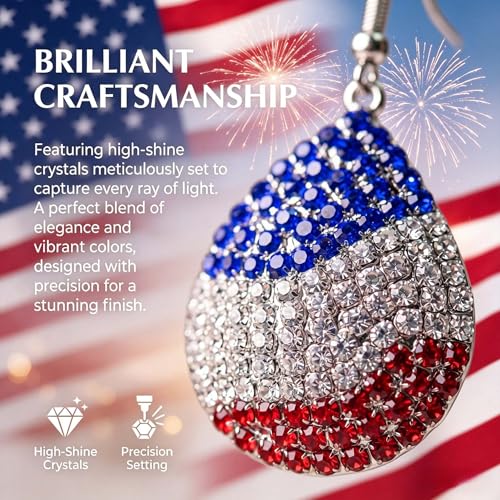 Go Ho 4th of July Earrings for Women, American Flag Red White and Blue Sparkly Crystal Dangle Earrings, Patriotic Jewelry Accessories - color: Teardrop