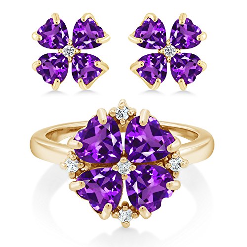 Gem Stone King 3.41 Ct Purple Amethyst 18K Yellow Gold Plated Silver Ring and Earrings Jewelry Set