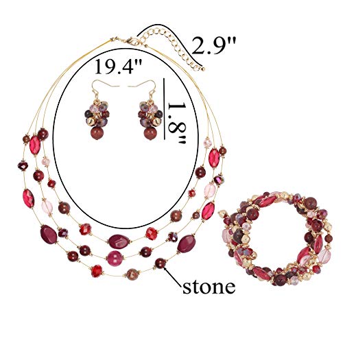 Coiris 3 Layers Illusion Wire Beaded Statement 19.5" Necklace for Women - color: ST0001-wine