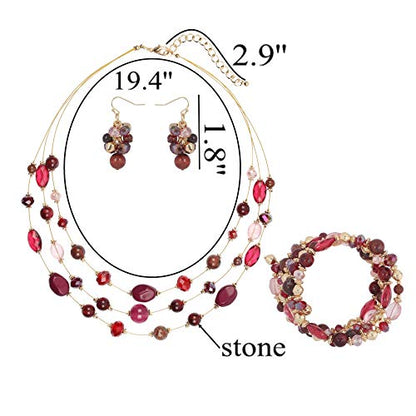Coiris 3 Layers Illusion Wire Beaded Statement 19.5" Necklace for Women - color: ST0001-wine