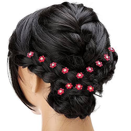Rhinestone Flower Hair Pins, 40 Pcs U-Shaped Crystal Party Wedding Bridal Hair Accessories for Women Girls (Red) - color: Red