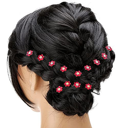 Rhinestone Flower Hair Pins, 40 Pcs U-Shaped Crystal Party Wedding Bridal Hair Accessories for Women Girls (Red) - color: Red