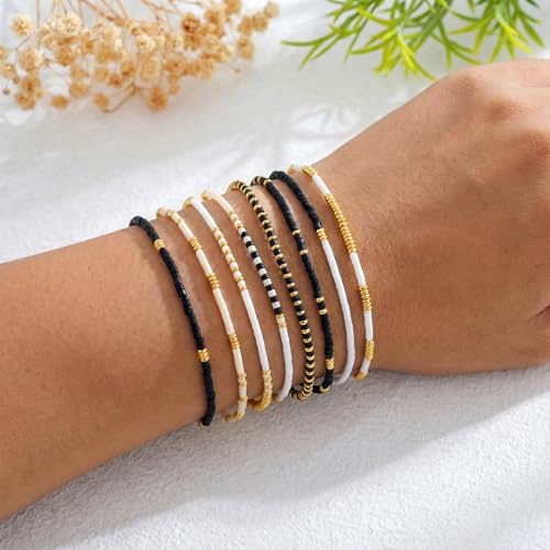 Colorful Stackable Rice Small Mini Seed Beaded Bracelets Set For Women, Handmade Dainty Boho Gold Glass Stretch Accessories Jewelry,Summer Beach Party Daily Friendship Gift - color: Black White