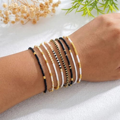 Colorful Stackable Rice Small Mini Seed Beaded Bracelets Set For Women, Handmade Dainty Boho Gold Glass Stretch Accessories Jewelry,Summer Beach Party Daily Friendship Gift - color: Black White