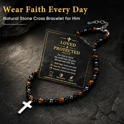 Beaded Cross Necklace Gifts for Men - Triple Protection Black Onyx Obsidian Tiger Eye Natural Stone Necklace Stainless Steel Cross Pendant Stress Relief Balance Faith Jewelry Gifts for Husband Dad Son - color: John 3:16