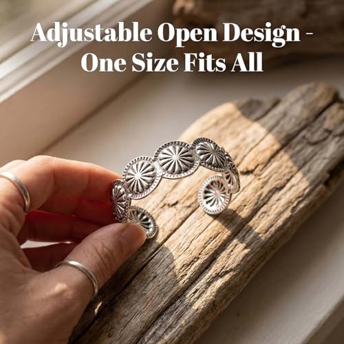 ASIJUNTYECHO Silver Western Bracelet, Concho Cuff Bracelets for Women | Alloy with antique distressed finish, sunburst concho engraving, adjustable open cuff, western silver bracelet for cowgirls