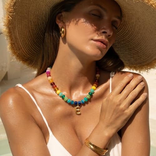 Chunky Beaded Bubble Initial Pendant Necklace Jewelry for Women | Big Large Bead Choker Letter Necklace Summer Beach Beachy Womens Statement Charm Gifts - color: Colorful E