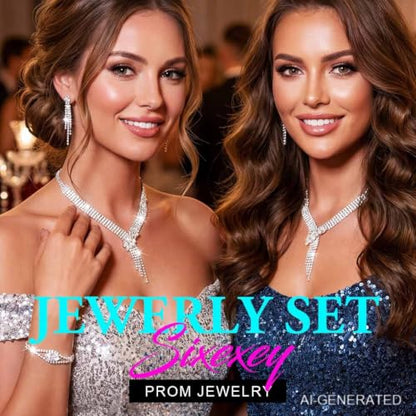 Sixexey Rhinestone Bridal Jewelry Set Prom Necklace Earrings Sparkly Wedding Jewelry Accessories for Women - color: Silver