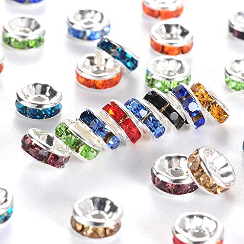 Allb 100Pcs Rondelle Spacer Beads 6mm Silver Plated Czech Crystal Rhinestone for Jewelry Making Loose Beads for Bracelets - color: Mixed, size: 6mm