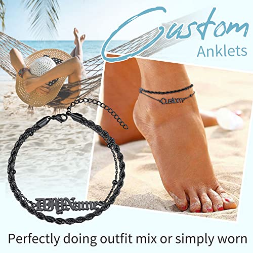 ChainsHouse Double Layer Anklet Bracelet for Women,Adjustable Chain Anklets Stackable Dainty Anklets,Stainless Steel/Gold Plated/Black Ankle Jewelry Gifts - color: C-Black-Rope Chain