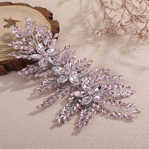 Teyglen Large Full Rhinestone Headband Flower Crystal Bride Wedding Headband Hair Vine Bridal Rhinestone Headpiece Wedding Hair Accessories for Women Party Prom (Pink) - color: Pink