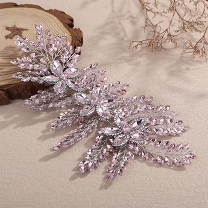 Teyglen Large Full Rhinestone Headband Flower Crystal Bride Wedding Headband Hair Vine Bridal Rhinestone Headpiece Wedding Hair Accessories for Women Party Prom (Pink) - color: Pink