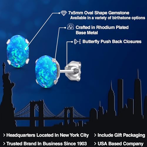Gem Stone King Oval Gemstone Birthstone Stud Earrings for Women Men | Oval Cut 7X5MM | Fine Jewelry Gifts for Mom Dad Wife Him Her - style: Blue Simulated Opal-Cabochon, October