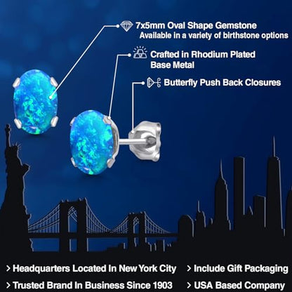 Gem Stone King Oval Gemstone Birthstone Stud Earrings for Women Men | Oval Cut 7X5MM | Fine Jewelry Gifts for Mom Dad Wife Him Her - style: Blue Simulated Opal-Cabochon, October