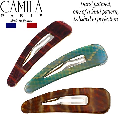 Camila Paris CP2931 French Hair Barrettes Clips, Snap Hair Slides Clic Clac for Women, Styling Girls Side Slide-in Metal Snap Pin Hair Accessories for Women. Strong Hold, No Slip Grip, Made in France - color: 3PK Snake 3.25"