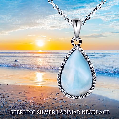 VONALA Sterling Silver Necklace Moss Agate/Turquoise/Larimar/Aquamarine/Opal/Black Onyx/Rose Quartz/Moonstone Pendant Teardrop Necklace Jewelry Gift for Women - style: Larimar