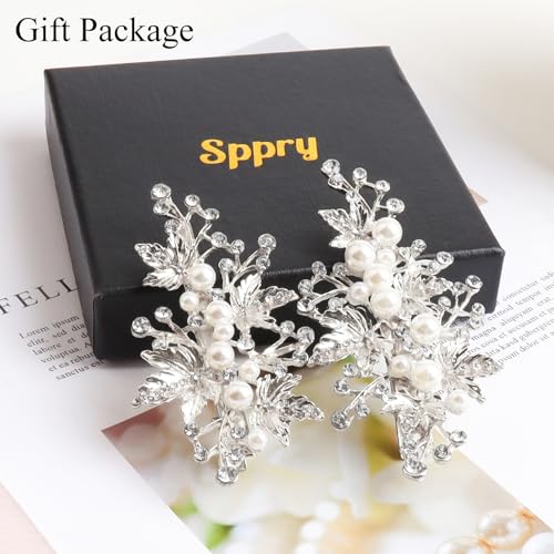 Rhinestone Pearl Alligator Bridal Hair Clips, Set of 2, Silver | For Wedding Prom, Leaf Design, Jewelry Headpiece for Women - color: Silver