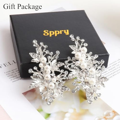 Rhinestone Pearl Alligator Bridal Hair Clips, Set of 2, Silver | For Wedding Prom, Leaf Design, Jewelry Headpiece for Women - color: Silver