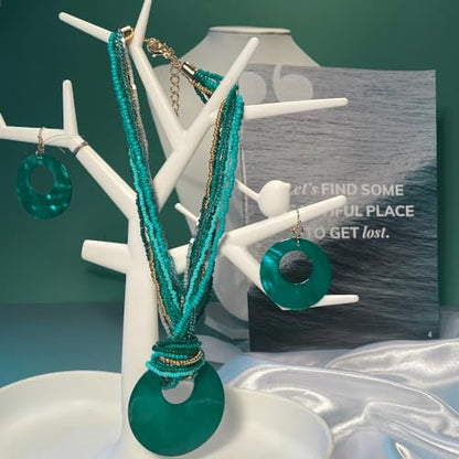 Coiris Multi Strand Statement Colorful Beaded Necklace with Big Circle Shell Pendant for Women - color: Dark Teal