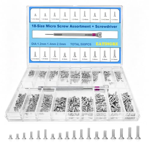 500Pcs Micro Screws Assortment Kit, 18 Sizes M1.2 M1.4 M2 Tiny Screws | for Glasses, Watches, Laptop, Electronics Repair, Stainless Steel, with Screwdriver