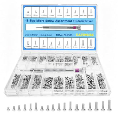 500Pcs Micro Screws Assortment Kit, 18 Sizes M1.2 M1.4 M2 Tiny Screws | for Glasses, Watches, Laptop, Electronics Repair, Stainless Steel, with Screwdriver