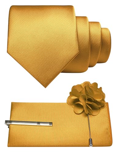 JEMYGINS Formal Necktie Solid Color Tie and Pocket Square with Tie Clip Lapel Pin Sets for Men 4PCS - color: Gold