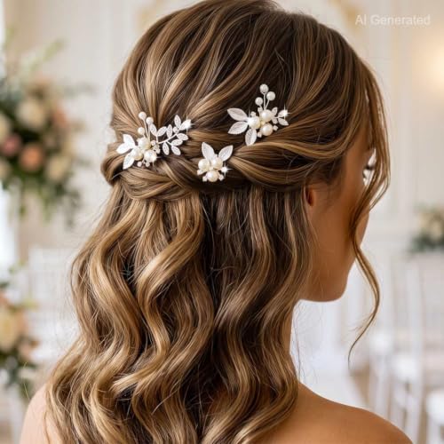 Heread Pearl Wedding Hair Pins Silver Bridal Clip for Women (Pack of 3) | Rhinestone Hair Clips Prom Accessories Accessory for Brides