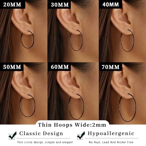 Senteria 2mm Thin 925 Sterling Silver Hoop Earrings for Women Hypoallergenic - color: black 50mm