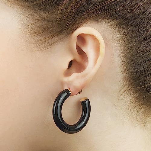 Gold Plated Multicolor Resin Chunky Thick Open Hoop Earrings in 57MM and 37.5MM Diameters - color: Black - Glossy Finish, size: 37.5MM (1.48") Diameter