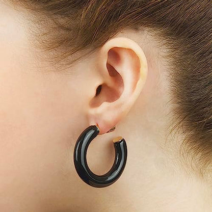 Gold Plated Multicolor Resin Chunky Thick Open Hoop Earrings in 57MM and 37.5MM Diameters - color: Black - Glossy Finish, size: 37.5MM (1.48") Diameter