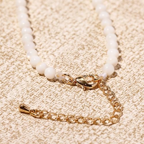 Simple 4mm Gemstones and Crystals Choker Necklace Unisex 16"-18" | Necklaces for Women Men, Adjustable, 40-45 cm Chain Length, Handmade, Spiritual Gemstones, Positive Energy, Daily Wear - style: White Shell