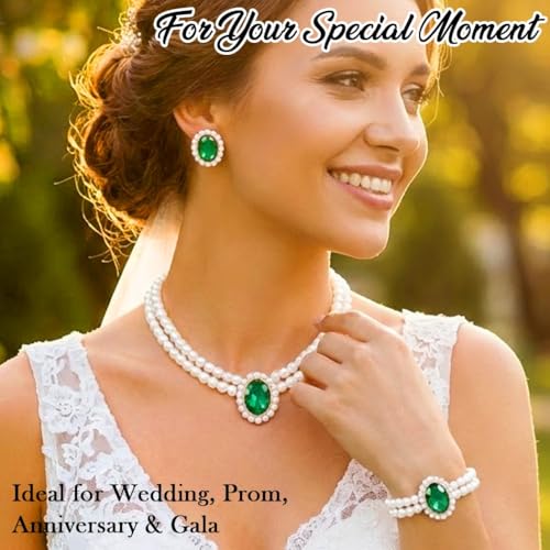 Brishow Pearl Necklace Jewelry Set Wedding Pearls Earrings Necklaces Set Bridal Crystal Bracelet Jewelry for Women (Pack of 3) - color: Green, size: 2 Layered