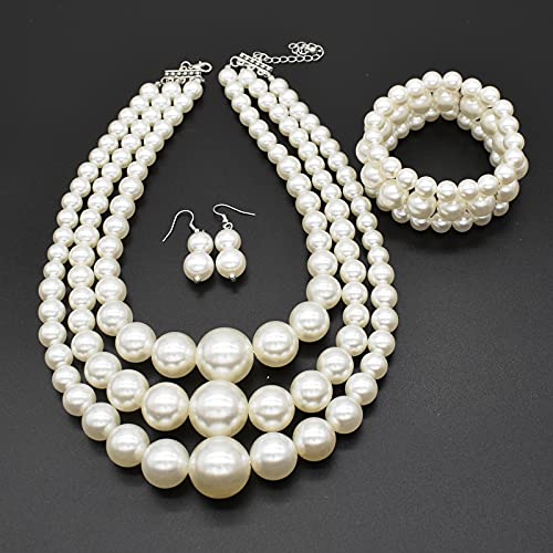Big Chunky Pearl Necklace and Earrings Set Large Costume 1920s Faux Pearls Gatsby Accessories - color: A-White