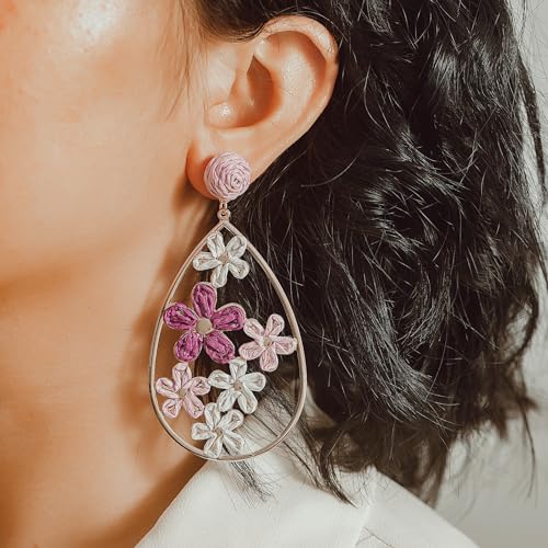 Boho Raffia Flower Teardrop Earrings Cute Colorful Dangle Trendy Jewelry | Floral Drop Statement Big Dangling Earring Hypoallergenic Gold Fun Unique Summer Spring Beach Vacation Outfits for Women - color: Purple