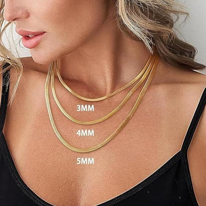 Flat Herringbone Snake Chain Serpentine Necklace For Women Minimalist Adjustable Layering Chic Everyday Gold Tone Silver Tone 3mm 4mm 5mm - size: 15.7+2 in