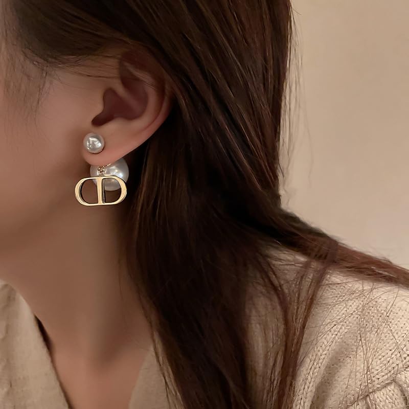 Pearl Stud Earrings, Gold Plated, Faux Pearl with Crystal Accents, Dangle Style, High Polish Finish, 2.5 Inch, 1 Pair