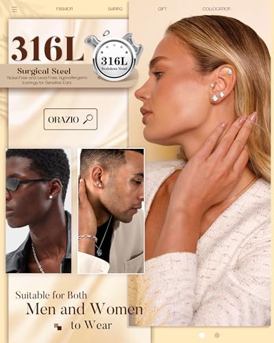 ORAZIO 6Pairs Hypoallergenic Flat Back Earrings 316L Stainless Steel Studs for Sensitive Ears, 3-8mm Cubic Zirconia, Stylish Jewelry for Women Men - Silver - color: Silver Plating