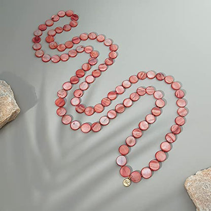 Firstmeet Flat Round Coin Shell Beads Long Knotted Necklace Natural Mother of Pearl Handmade Jewelry For Women - color: Chili