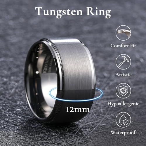 King Will Classic Tungsten Wedding Band for Men, 6/7/8/9/10mm Widths, Polished Finish Step Edge Matte Rings Comfort Fit - color: A-silver 12mm