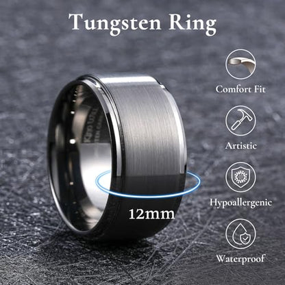 King Will Classic Tungsten Wedding Band for Men, 6/7/8/9/10mm Widths, Polished Finish Step Edge Matte Rings Comfort Fit - color: A-silver 12mm