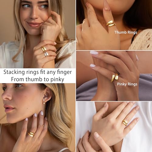 Non Tarnish Gold Chunky Rings for Women, 14K Gold Plated Statement Dome Rings Stacking Silver, Adjustable Mens Eternity Wedding Band Mixed Metal Jewelry Size 3-13 - color: Gold, size: 3, style: Open Twist Band