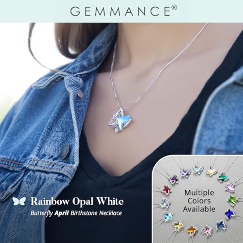 Butterfly Necklace, Birthstone Crystal, for Women, Silver Tone Pendant Jewelry, Anniversary Birthday Gift for Her, Wife & Mom, 18"+2" - color: 04-April Birthstone - Rainbow Opal White Crystal