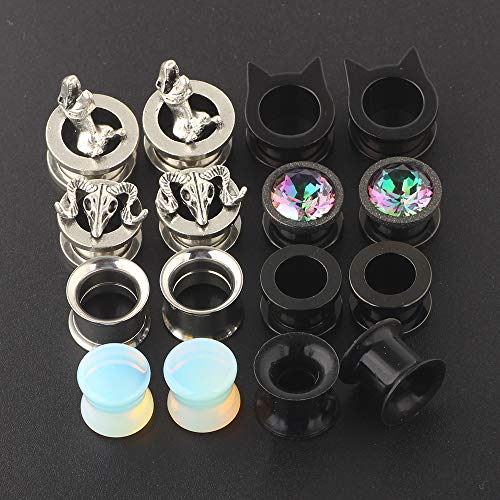 TIANCI FBYJS 8 Pairs CZ Gems Ear Tunnels Plugs Gauges Stainless Steel Tyrannosaurus Expander Stretcher Piercings Opal Glass Silicone Black Dinosaur - style: 16mm=5/8''