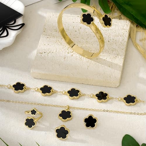 Lucky Flower Alloy Jewelry, Lucky Flower Design Necklace Earrings Bracelet Bangle Ring Jewelry Set, Clover Gold Plated Chain Wrap Ornament & Plush Pouch for Women - color: Black